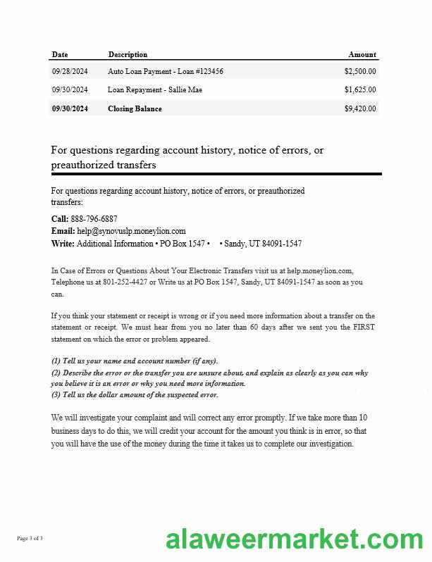 USA Synovus Bank statement Word and PDF template, 3 pages 2